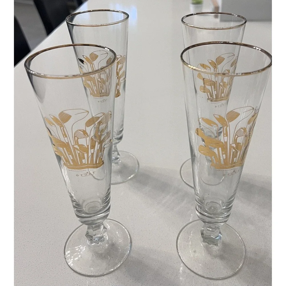 Vintage Clear Glass Champagne Glasses with Gold‎ Golf Clubs by F-O-R-T Set Of 4